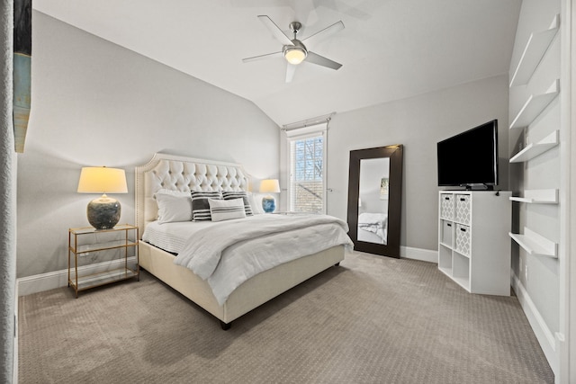 bedroom with vaulted ceiling, carpet flooring, access to exterior, and ceiling fan