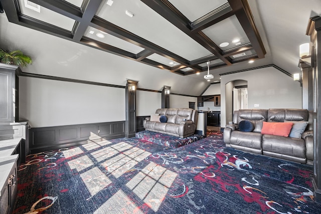 carpeted living room featuring coffered ceiling and beam ceiling