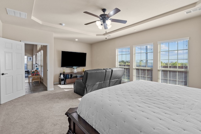 bedroom with ceiling fan, a raised ceiling, and carpet