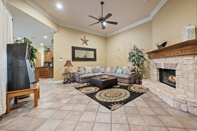 living room with light tile patterned floors, a fireplace, and ornamental molding