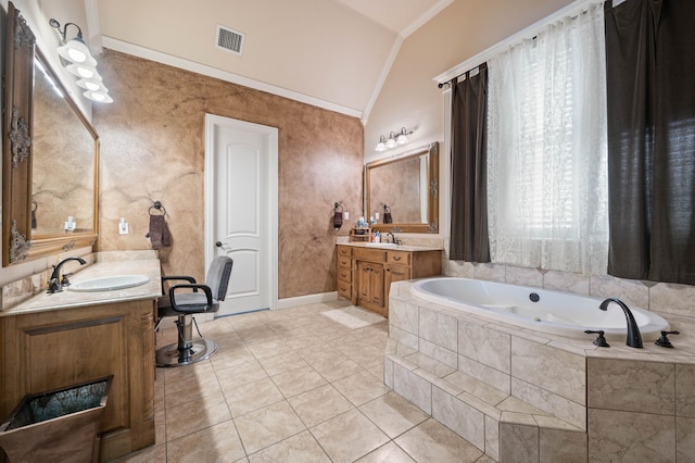 bathroom featuring lofted ceiling, tile patterned flooring, vanity, a relaxing tiled tub, and crown molding