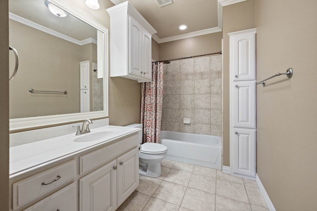 full bathroom with crown molding, shower / bath combo, tile patterned flooring, vanity, and toilet