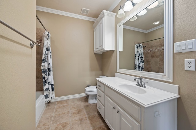 full bathroom featuring vanity, ornamental molding, toilet, and shower / bath combo with shower curtain