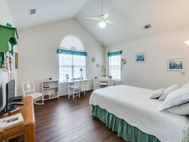 bedroom with dark wood-type flooring, ceiling fan, and vaulted ceiling