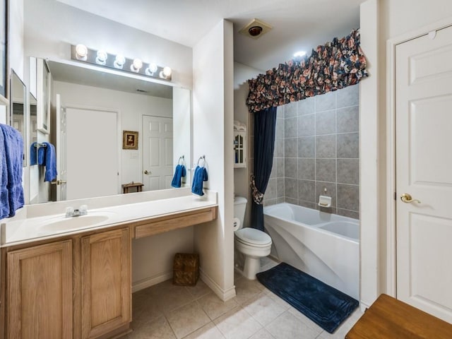 full bathroom featuring shower / tub combo with curtain, vanity, toilet, and tile patterned flooring