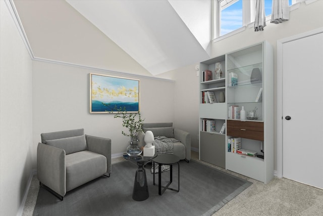 sitting room with high vaulted ceiling and carpet flooring