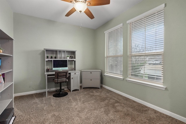 home office featuring carpet and ceiling fan