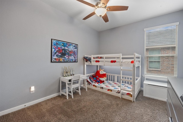 bedroom with ceiling fan and carpet flooring