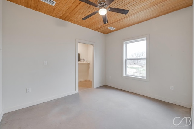 unfurnished room featuring wooden ceiling and ceiling fan