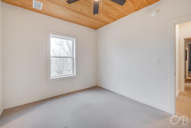 empty room with ceiling fan and wood ceiling