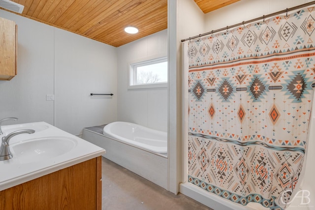 bathroom with concrete flooring, vanity, shower with separate bathtub, and wood ceiling