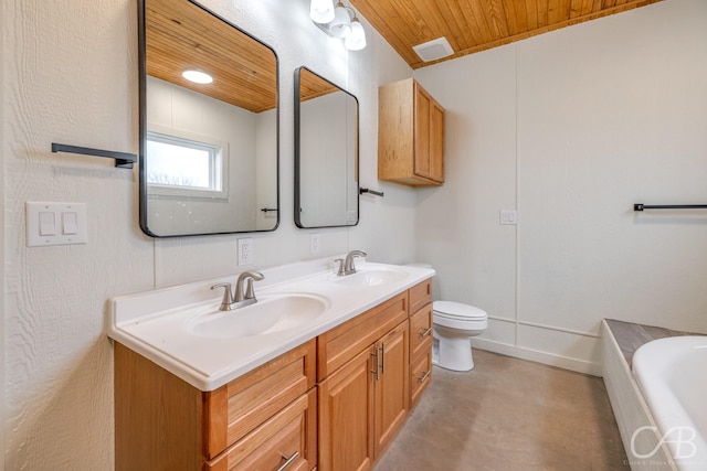 bathroom with concrete flooring, vanity, toilet, a bath, and wooden ceiling