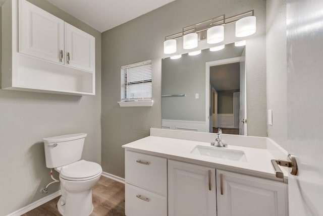 bathroom with hardwood / wood-style flooring, vanity, and toilet