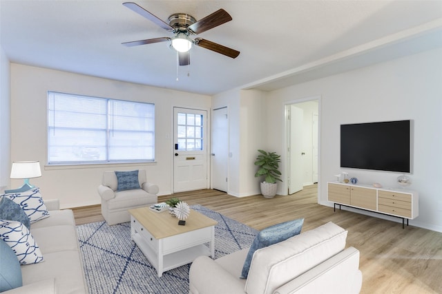 living room featuring ceiling fan and light hardwood / wood-style floors