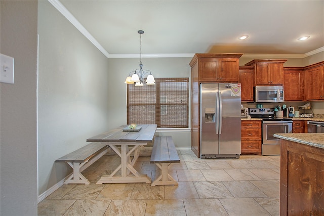 kitchen with stainless steel appliances, ornamental molding, a notable chandelier, and decorative light fixtures