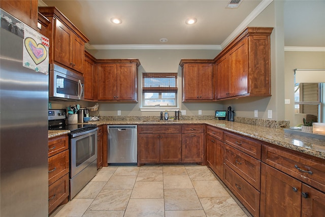 kitchen featuring crown molding, stainless steel appliances, light stone countertops, and sink