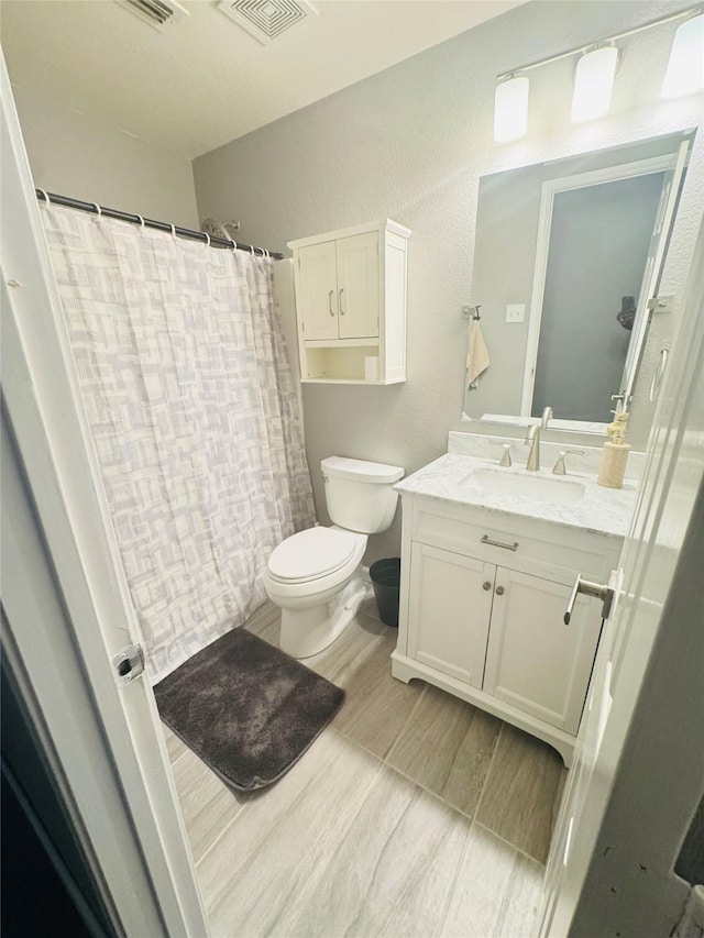 bathroom featuring vanity, wood-type flooring, and toilet