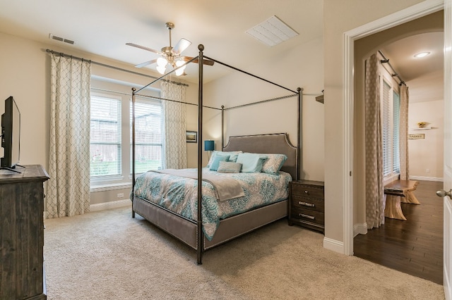 carpeted bedroom featuring ceiling fan