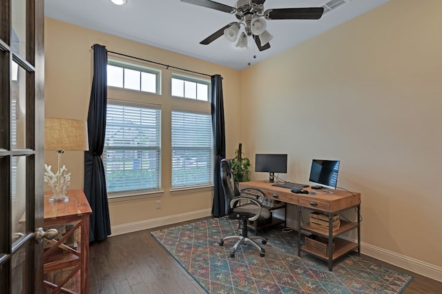 office space featuring dark wood-type flooring and ceiling fan