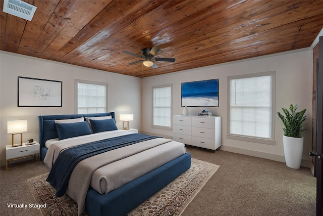 carpeted bedroom featuring wood ceiling and ceiling fan