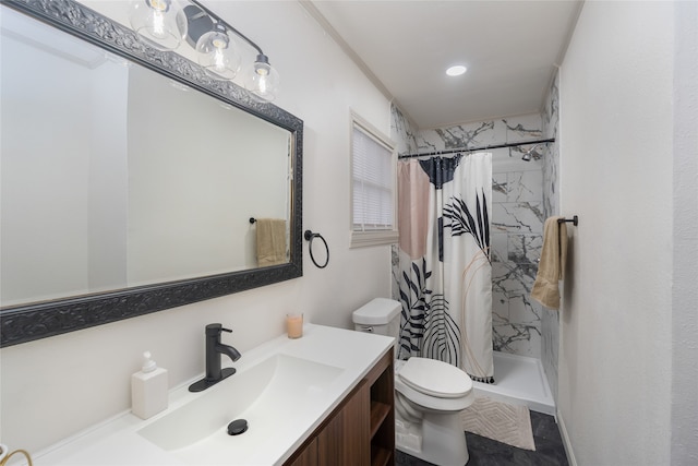 bathroom with vanity, toilet, and a shower with curtain