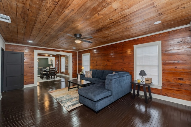 living room featuring dark wood-type flooring, wooden ceiling, ceiling fan, and wood walls