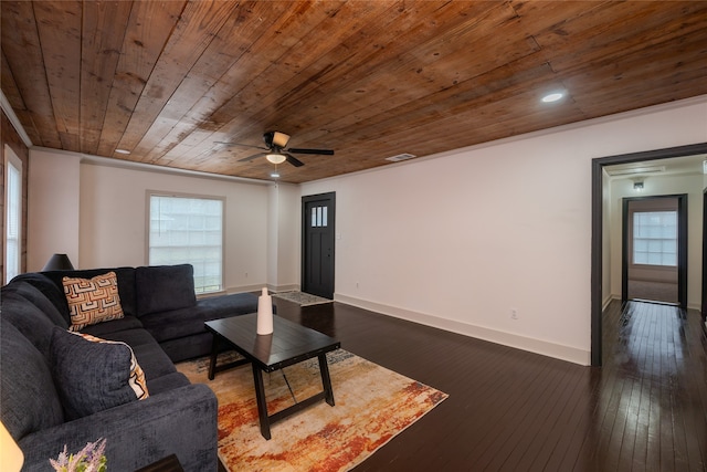 living room featuring a wealth of natural light, wooden ceiling, and dark hardwood / wood-style flooring