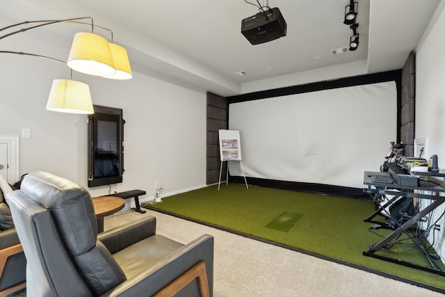 cinema room with golf simulator, carpet flooring, and rail lighting