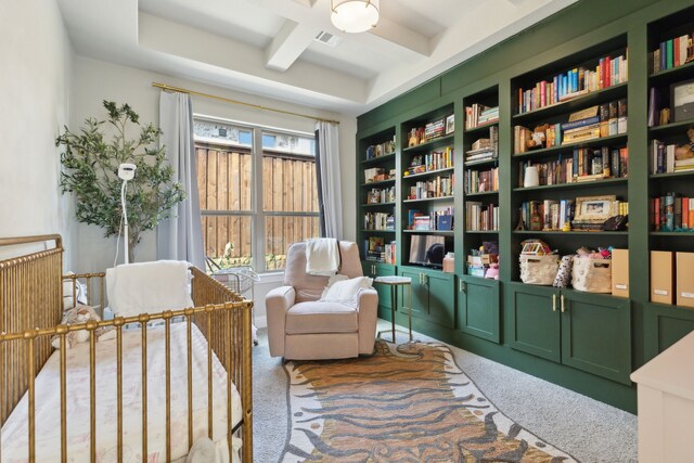 living area featuring a tray ceiling, carpet, and rail lighting