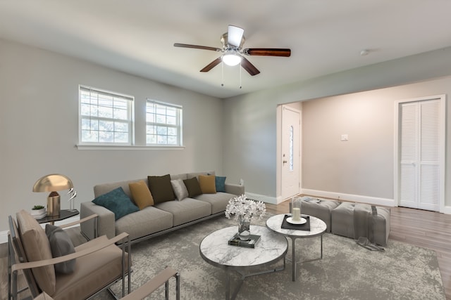 living room with ceiling fan and wood-type flooring