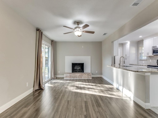 unfurnished living room featuring dark wood-type flooring, sink, and a fireplace