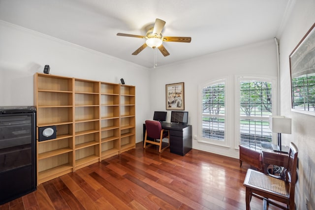 office area featuring dark hardwood / wood-style flooring, crown molding, beverage cooler, and ceiling fan