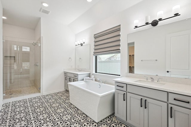 bathroom with vanity and separate shower and tub