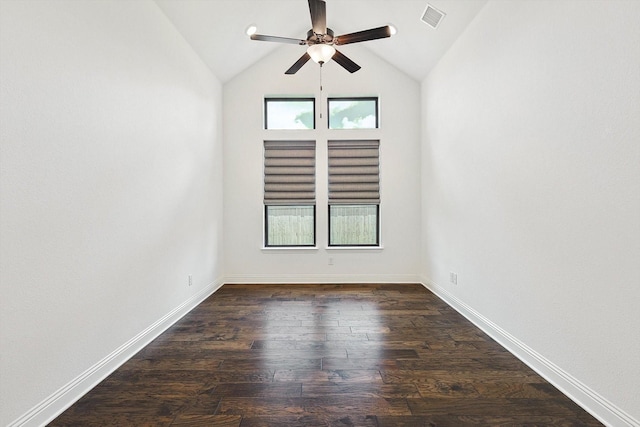 unfurnished room with lofted ceiling, dark hardwood / wood-style floors, and ceiling fan