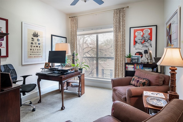 office area with ceiling fan and carpet floors