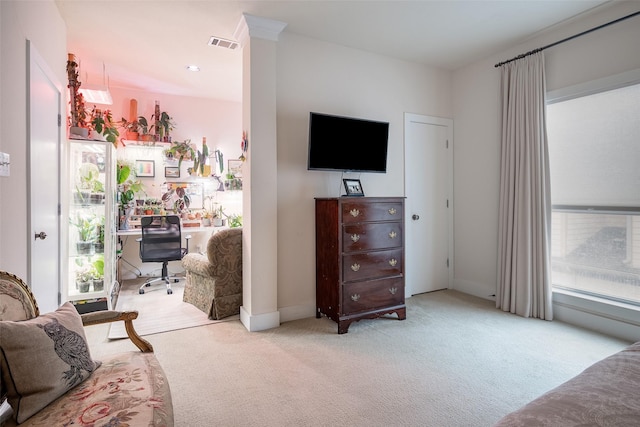 living room with light colored carpet