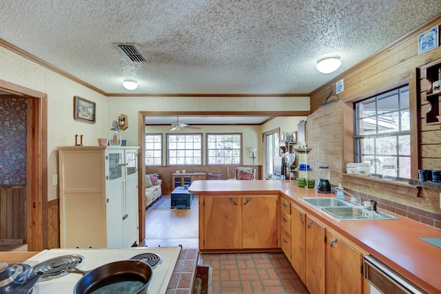 kitchen with ornamental molding, wooden walls, dishwasher, and sink