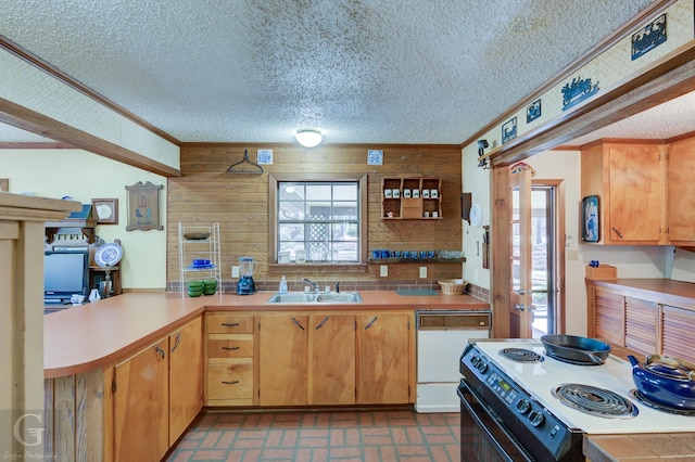 kitchen with wooden walls, dishwasher, sink, electric range, and kitchen peninsula