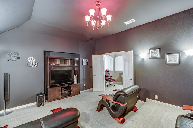 interior space featuring baseboards, visible vents, carpet, vaulted ceiling, and a notable chandelier