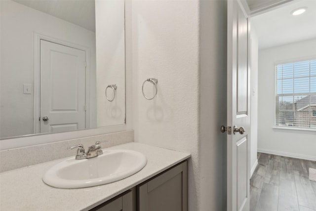 bathroom with hardwood / wood-style flooring and vanity