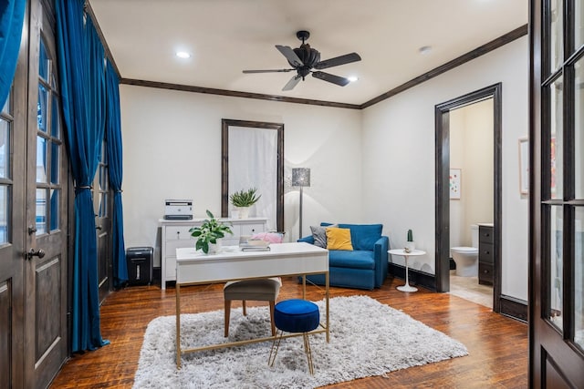 office space with dark wood-type flooring, recessed lighting, a ceiling fan, and crown molding