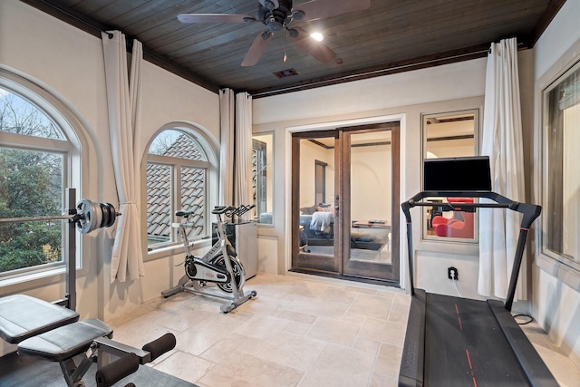 workout room with a ceiling fan, wooden ceiling, visible vents, and stone finish flooring