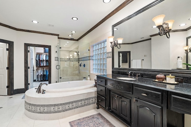 bathroom featuring vanity, a notable chandelier, ornamental molding, plus walk in shower, and tile patterned floors