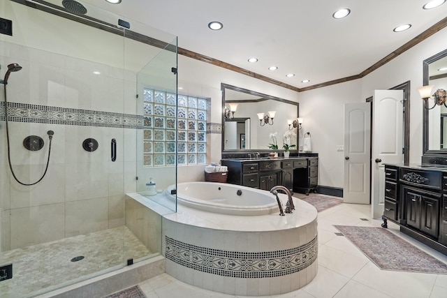 bathroom with independent shower and bath, ornamental molding, vanity, and tile patterned floors