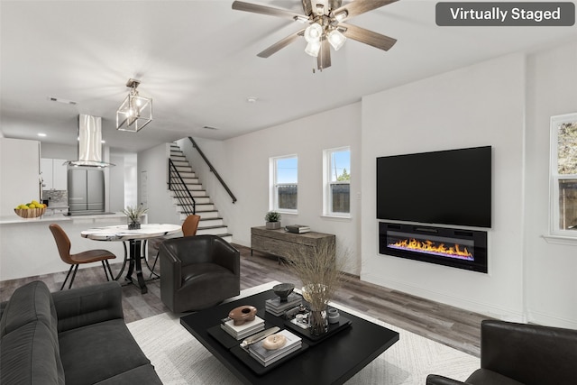 living room with ceiling fan and wood-type flooring