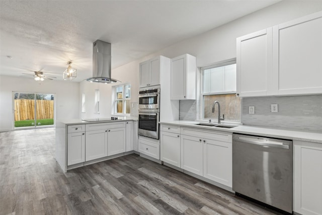 kitchen featuring white cabinetry, appliances with stainless steel finishes, sink, and island range hood