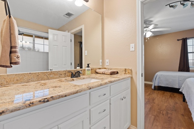 bathroom with vanity, wood-type flooring, and ceiling fan