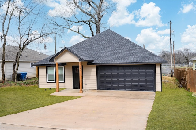 ranch-style home with a garage and a front lawn