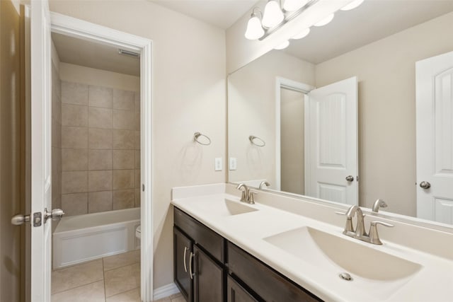 bathroom with tile patterned flooring, vanity, and tiled shower / bath combo