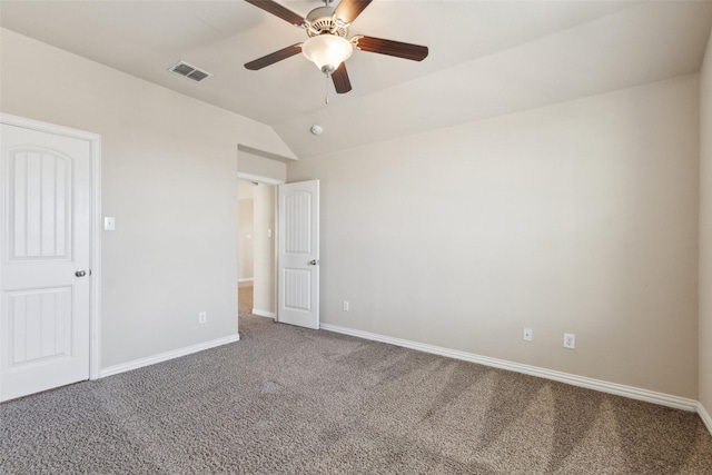 unfurnished bedroom with carpet floors, ceiling fan, and vaulted ceiling